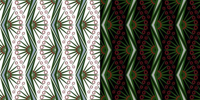 Set of green red geometric seamless pattern. decorative vertical zigzag ornament of polygonal shapes. Offbeat creative abstract linear repeating design. Stylized tropical plant vector