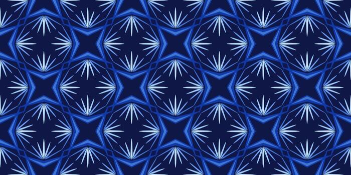 Shades of blue geometric seamless pattern. Winter decorative background of square multirayed stars. Unusual creative abstract repeating ornament. Diagonal square mosaic tile vector