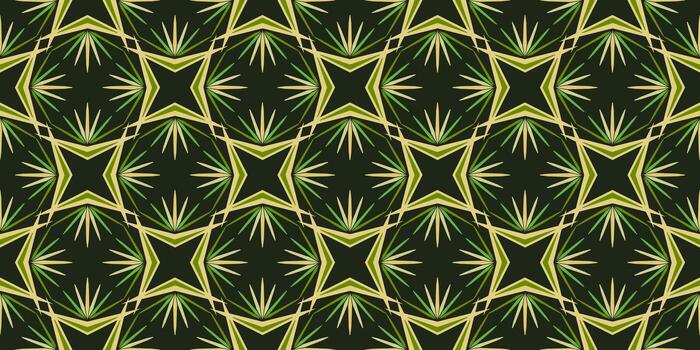 Green yellow geometric seamless pattern. Ethnic decorative graphic design of square multirayed stars. Unusual abstract ornament on dark green background. Diagonal optical illusion background vector