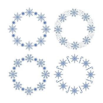 set of frames with snowflakes. A set of frames made of blue snowflakes on a white background. Round frames for Christmas and New Year decorations. vector