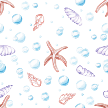 A seamless pattern with stylized shells, starfish, and bubbles. Watercolor illustration in a childish style for designing children's rooms, pools, play areas, and printing on clothing, fabric. png
