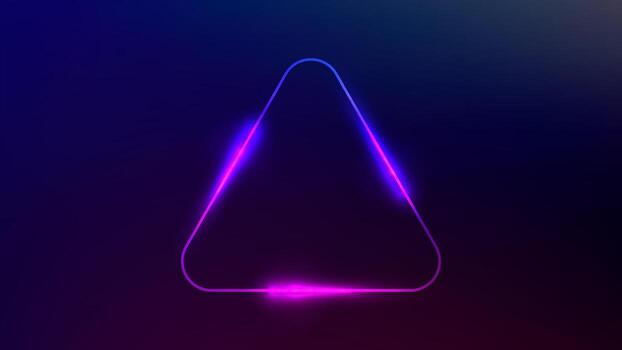 Neon rounded triangle frame with shining effects on dark purple background. Empty glowing techno backdrop illustration vector