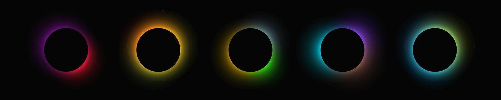 circulo iluminar marco con degradado. conjunto de cinco redondo neón pancartas aislado en negro antecedentes. ilustración. vector