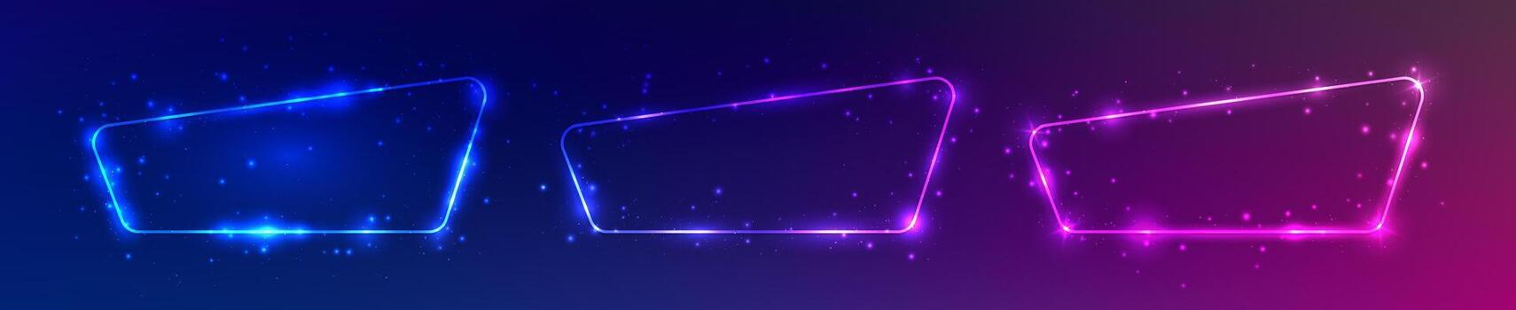 Set of three neon rounded rectangular frames with shining effects and sparkles on dark purple background. Empty glowing techno backdrop. illustration vector