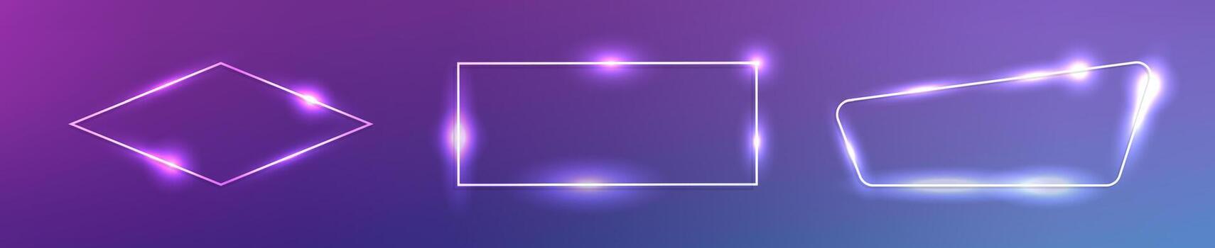 Set of three neon frames with shining effects on dark purple background. Empty glowing techno backdrop illustration vector