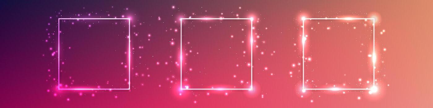 Set of three neon square frames with shining effects and sparkles on dark red background. Empty glowing techno backdrop. illustration vector