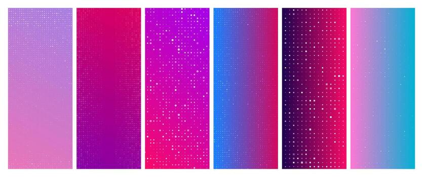 Set of six abstract purple gradient geometric backgrounds with squares. Pixel backgrounds with empty space. illustration vector
