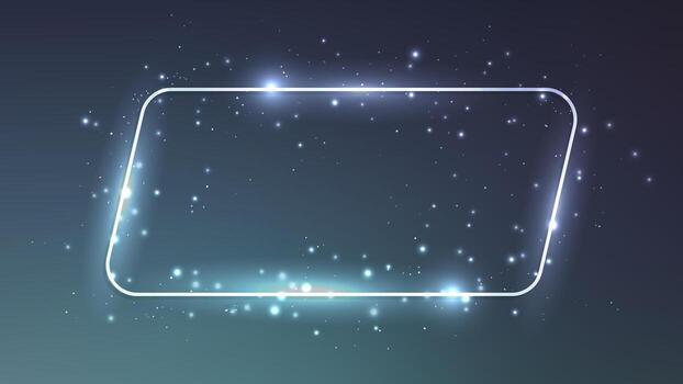 Neon rounded parallelogram frame with shining effects and sparkles on dark background. Empty glowing techno backdrop. illustration vector