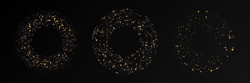 resumen oro brillante trama de semitonos punteado antecedentes. conjunto de Tres oro Brillantina patrones en circulo forma. circulo trama de semitonos puntos ilustración vector