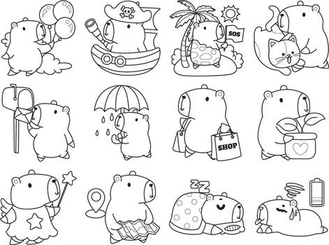 Coloring book of cute capybara character clip art for children. Outline of capybara in the variation of random activity vector