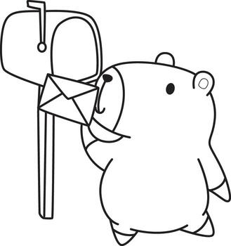 Coloring book of cute capybara character clip art for children. Outline of capybara send the message by mail box vector