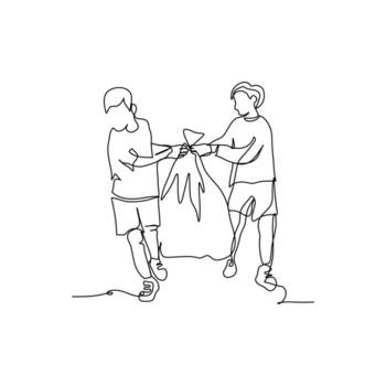 One continuous line of two boys work together to clean the environment from garbage. Minimalist style illustration in white background. vector