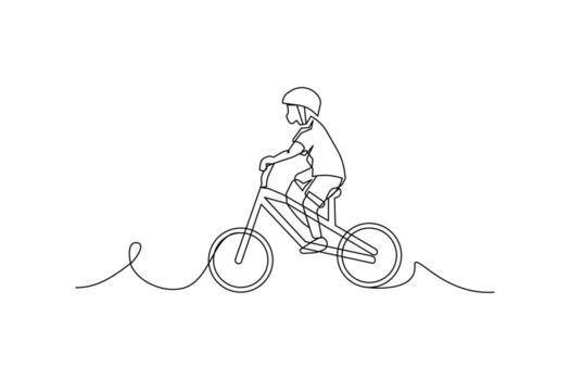 One line continuous of a child playing a bicycle. Minimalist style illustration in white background. vector