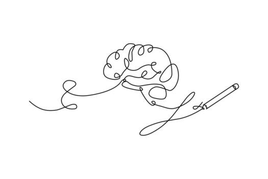 One continuous line of brain drawing pen. Creating new idea and mindset improvement. illustration of minimalist style on a white background vector