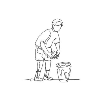 One continuous line of a boys throw trash in its place. Minimalist style illustration in white background vector