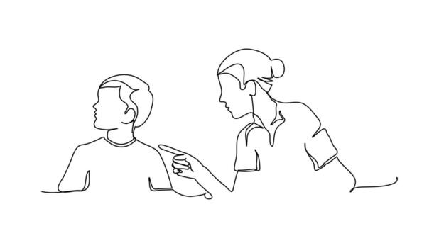 uno continuo línea de un chico vueltas lejos cuando aconsejado por su madre. minimalista estilo ilustración en blanco antecedentes. vector