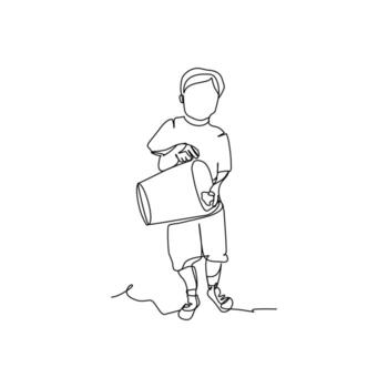 One continuous line of a boys throw trash in its place. Minimalist style illustration in white background. vector