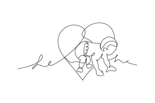 printbaby chico aprendizaje a estar dibujado con continuo uno línea. minimalista estilo ilustración en blanco antecedentes. vector