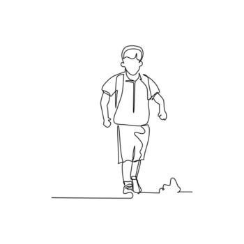 One continuous line of a student walking with backpack to school. Minimalist style illustration in white background vector