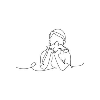 One continuous line from the child who is sick with the flu. Minimalist style illustration in white background. vector