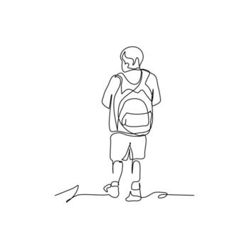 One continuous line of a student walking with backpack to school. Minimalist style illustration in white background. vector