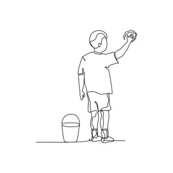 uno continuo línea de un chico es limpiando con un mojado paño. minimalista estilo ilustración en blanco antecedentes. vector