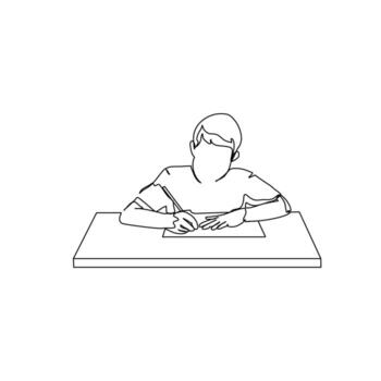 One continuous line of boy sitting while writing in a book. Minimalist style illustration in white background. vector