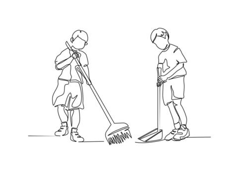 One continuous line of two boys working together to clean the floor. Minimalist style illustration in white background. vector