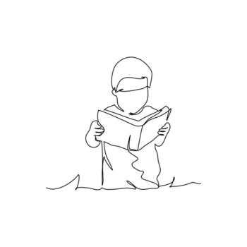 One continuous line of boy studying with reading a book. Minimalist style illustration in white background. vector