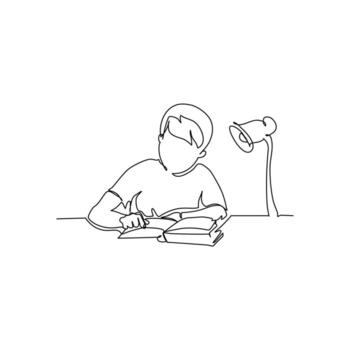 One continuous line of boy sitting while writing in a book. Minimalist style illustration in white background vector