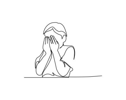 One continuous line a little boy crying. Minimalist style illustration in white background vector