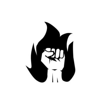 Striking silhouette of a clenched fist surrounded by dynamic flames. Symbolizes revolution, fiery passion, protest, power, energy, and determination. A powerful icon of action and change. vector
