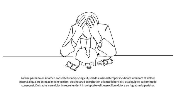 sencillo línea diseño de un joven hombre quien es forzado a abierto su ahorros fuera de necesidad. decorativo elementos dibujado en un blanco antecedentes. vector