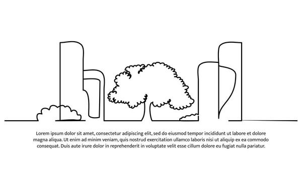 continuo línea diseño de ciudad ver y arboles un simpático urbano jardín diseño concepto. decorativo elementos dibujado en un blanco antecedentes vector