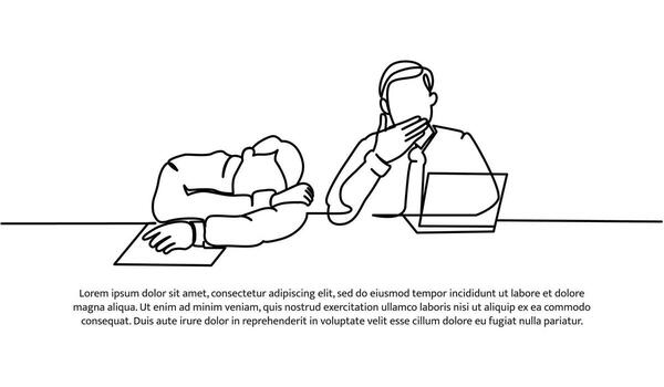 Continuous line design of two male workers limp in front of laptop. Work fatigue design concept. Decorative elements drawn on a white background. vector