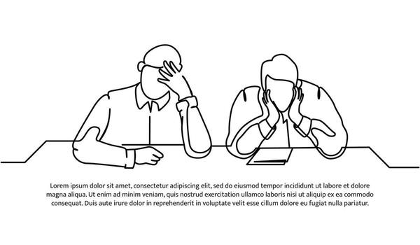 Continuous line design of two limp male workers. Work fatigue design concept. Decorative elements drawn on a white background. vector