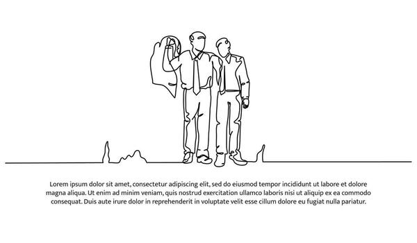 Continuous line design of man walking embracing his friend. Caring and friendship design concept. Decorative elements drawn on a white background. vector