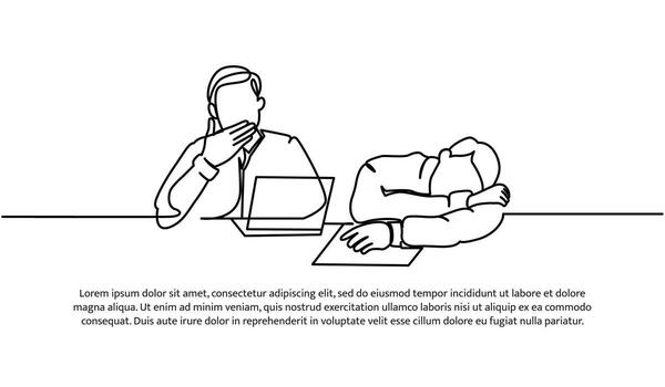 Continuous line design of two male workers limp in front of laptop. Work fatigue design concept. Decorative elements drawn on a white background vector
