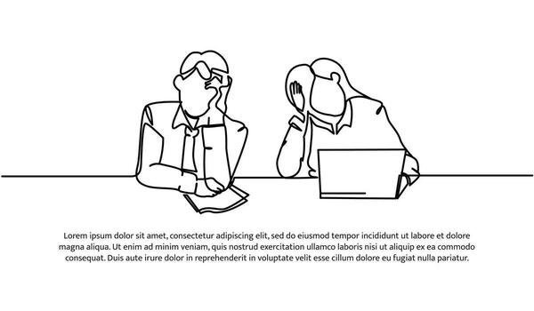 Continuous line design of male and female workers limp in front of laptop. Work fatigue design concept. Decorative elements drawn on white background vector