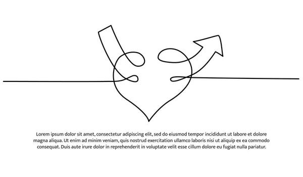 Continuous line design of arrows pointing up through heart shape. Single line decorative elements drawn white background vector