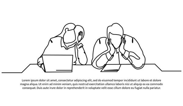 Continuous line design of male and female workers limp in front of laptop. Work fatigue design concept. Decorative elements drawn on a white background vector