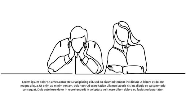 Continuous line design of sad looking boy and girl. Relationship problem design concept. Decorative elements drawn on a white background. vector