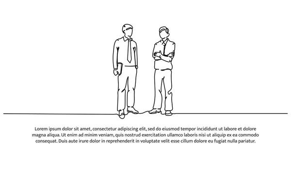 Continuous line design of two men standing discussing together. Businessman working concept design. Decorative elements drawn on a white background. vector