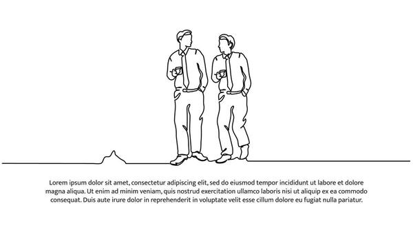 Continuous line design of two young men walking discussing holding coffee cup. Work relaxation design concept. Decorative elements drawn on a white background. vector