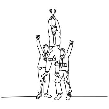 continuo línea diseño de equipo miembros celebrando victoria. trabajo en equipo y liderazgo diseño concepto. decorativo elementos dibujado en un blanco antecedentes. vector