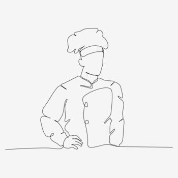 One continuous row design of stylish chef in hat. A confident cooking character. Minimalist style illustration white background vector