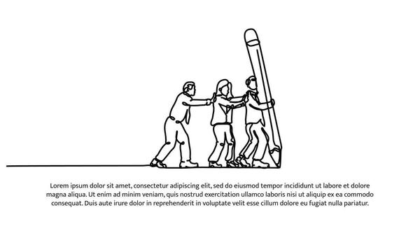 Continuous line design of team members pushing pencil. Teamwork and leadership design concept. Decorative elements drawn on a white background. vector