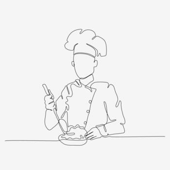 uno línea continuo diseño de cocinero en sombrero. Cocinando Arte diseño, servicio alimento. minimalista estilo ilustración en blanco antecedentes vector