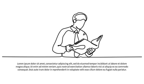 Continuous line design of man in tie opening book. Self knowledge development design concept. Decorative elements drawn on a white background. vector