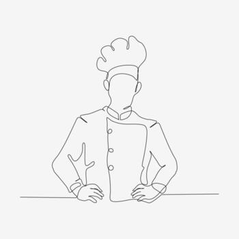One continuous row design of stylish chef in hat. A confident cooking character. Minimalist style illustration on white background. vector